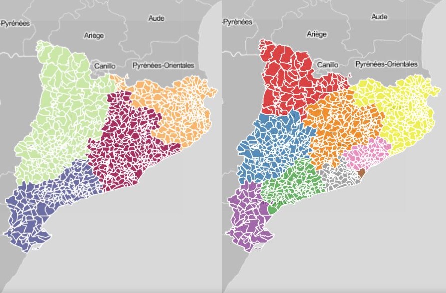 Maps of Catalonia, divided by provinces on the left and health regions on the right